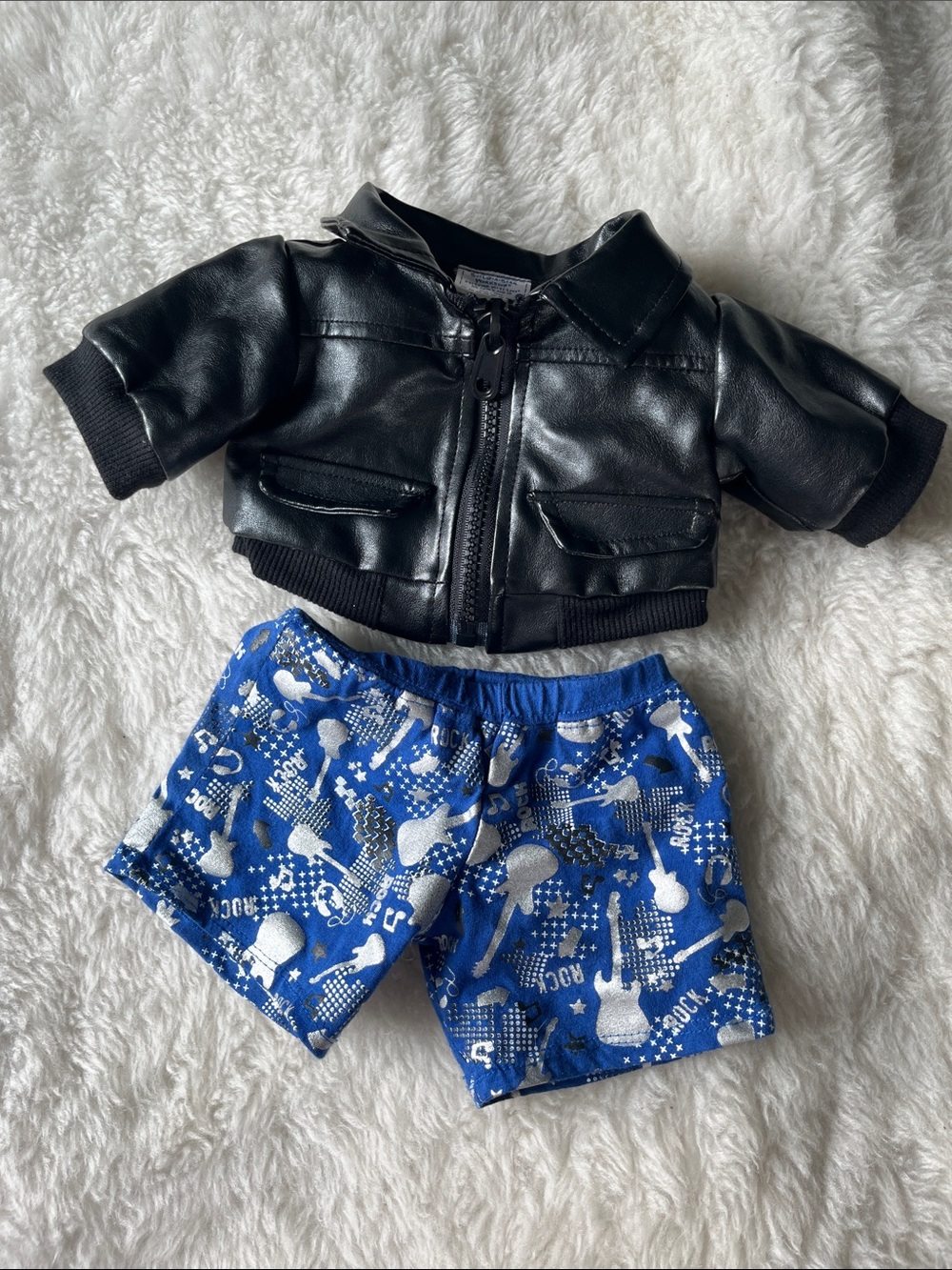 Build-A-Bear Black Faux Leather Doll Jacket & blue black silver rock n roll pant